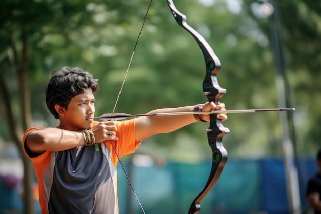 Young archer in concentration aiming with a bow at an outdoor range