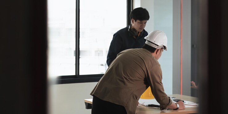Photo 年輕建築師和工程師同事在施工現場開會討論和分析藍圖