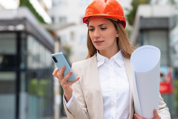 Young architect girl holding blueprints and using phone