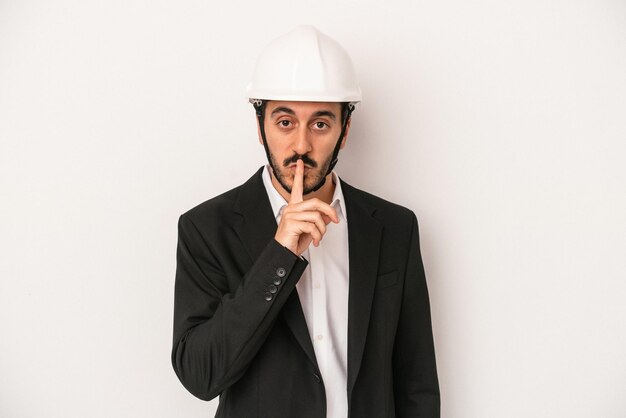 Молодой архитектор в строительном шлеме на белом фоне держит в секрете или просит тишины