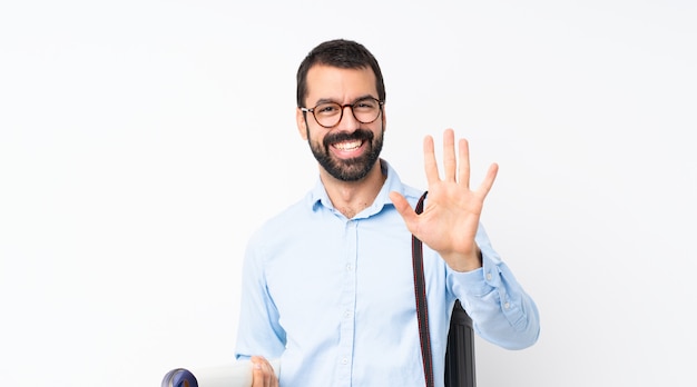 Young architect man with beard over isolated white background counting five with fingers