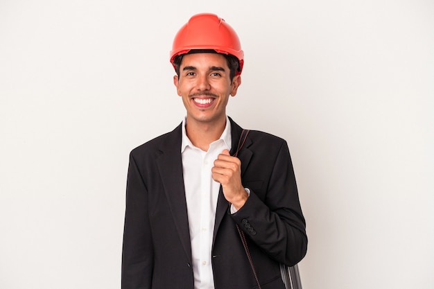 Young architect mixed race man isolated on white background happy, smiling and cheerful.