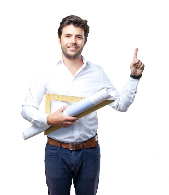 Young architect working over white background