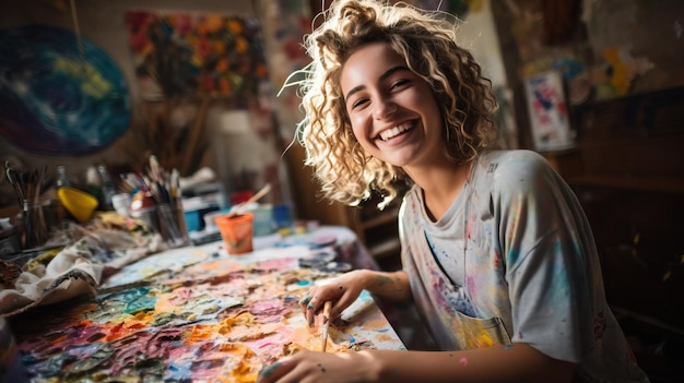 Young artist immersed in her creative process in a messy studio