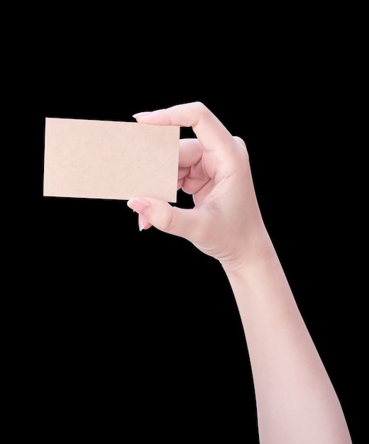 Молодая азия чистая девушка рука пустая крафт-коричневая визитная карточка