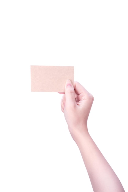 Young asia clean girl hand holding a blank kraft brown paper card template isolated on white background clipping path close up mock up cut out