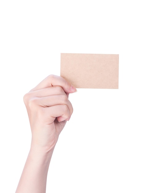Young asia clean girl hand holding a blank kraft brown paper card template isolated on white background clipping path close up mock up cut out