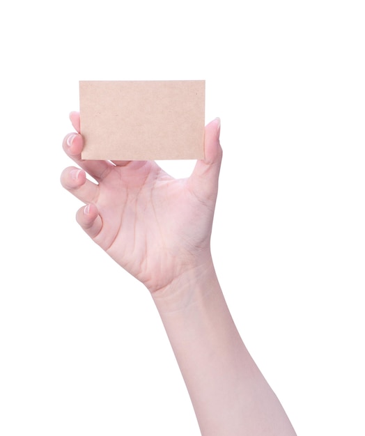 Young asia clean girl hand holding a blank kraft brown paper card template isolated on white background clipping path close up mock up cut out