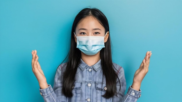 Young asia girl wearing medical face mask with dressed in casual clothing and looking at camera iso