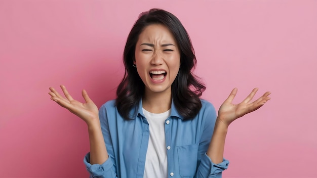 Young asia lady with negative expression excited screaming crying emotional angry in casual cloth