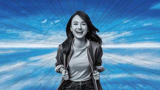 Young asia lady with positive expression smile broadly dressed in casual clothing isolated on blu