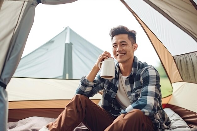 Young asia man sitting in the tent