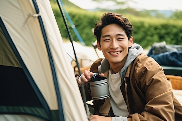 Young asia man sitting in the tent