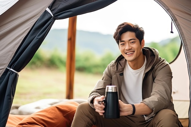 Young asia man sitting in the tent