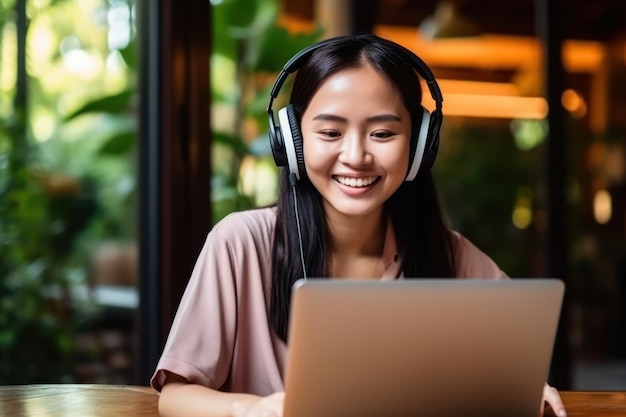 Young asia woman wearing headset and using laptop