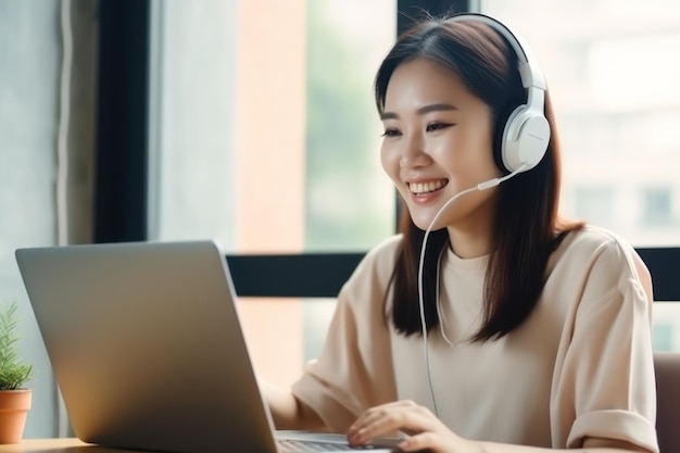 Young asia woman wearing headset and using laptop