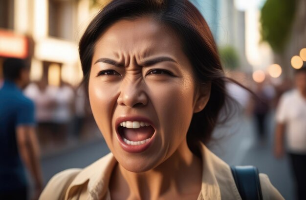 young asian activist protests against rights violation angry female protester screaming on street