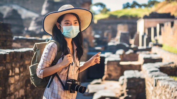 Photo 역사적인 장소를 여행하는 동안 모자와 보호 마스크를 입은 젊은 아시아 배여성