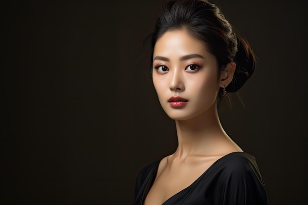 アジアの美人 顔と 韓国風のメイクアップ 彼女の特徴を高め 完璧な肌を孤立させます