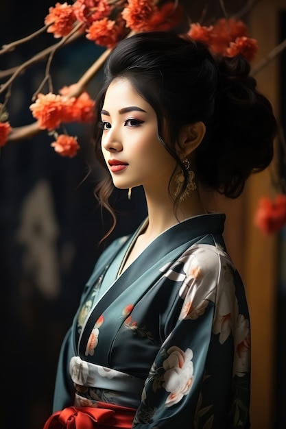 young asian beauty japonese style florish kimono