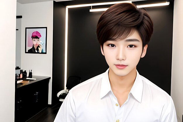 Young asian beauty office boy brown hair with korean makeup style on face with studio background