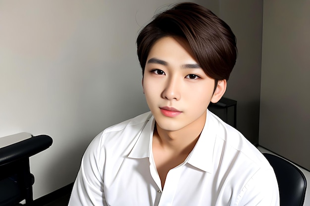 Young asian beauty office boy brown hair with korean makeup style on face with studio background