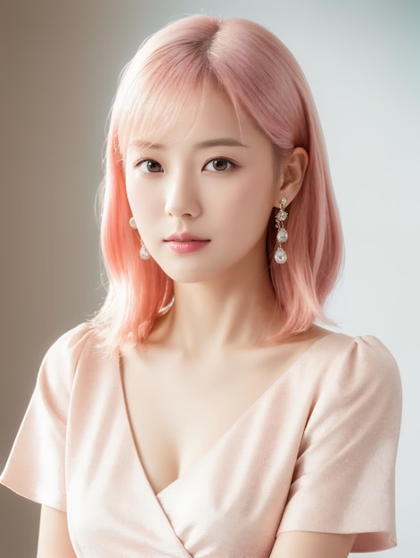 스튜디오 배경으로 얼굴에 한국 메이크업 스타일로 젊은 아시아 아름다움 사무실 아가씨 핑크 머리