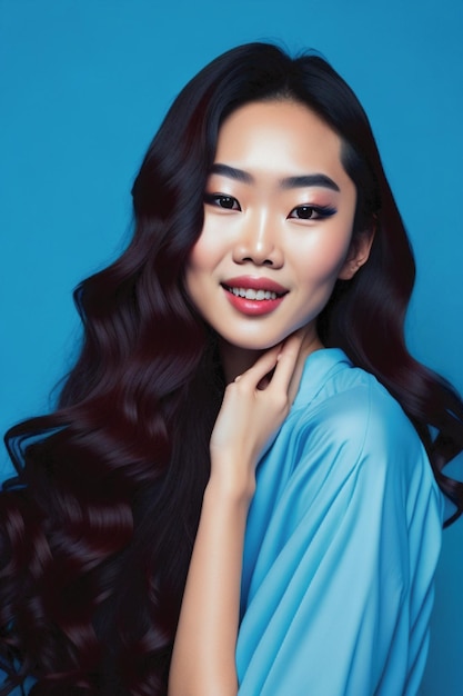 얼굴에 한국 메이크업 스타일과 완벽한 깨끗한 피부를 가진 젊은 아시아 아름다움 여자 곱슬 긴 머리