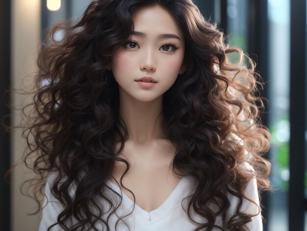 Young asian beauty woman curly long hair with korean makeup style on face and perfect skin