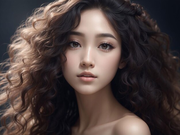 Young asian beauty woman curly long hair with korean makeup style on face and perfect skin