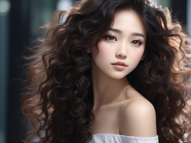 Young asian beauty woman curly long hair with korean makeup style on face and perfect skin