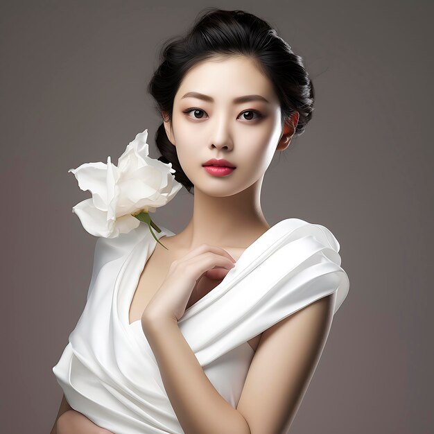 写真 アジアの若い美人女性コーリアンメイクアップスタイルで巻き長いで彼女の顔と完璧な肌に触れます