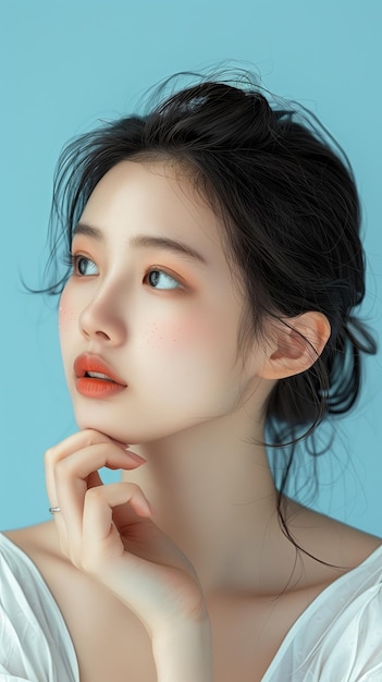 Young Asian beauty woman on isolated light blue background