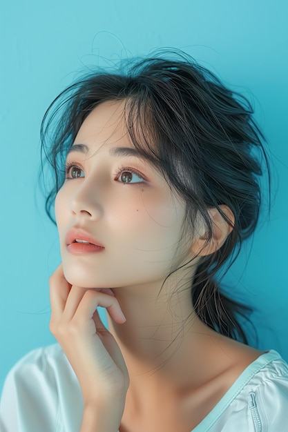 고립 된 밝은 파란색 배경에 젊은 아시아 아름다움 여성