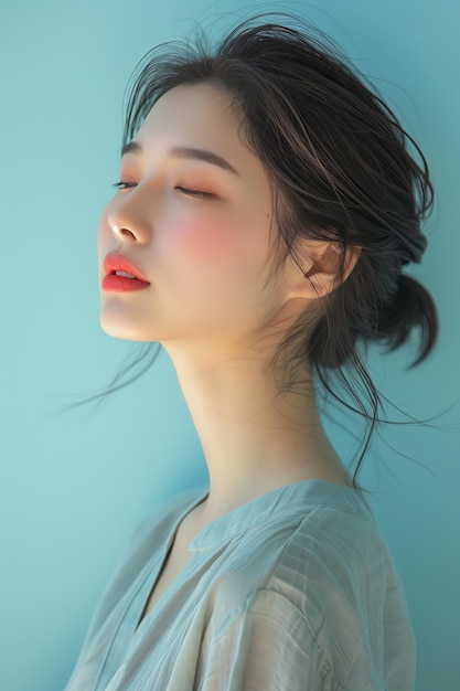 Young Asian beauty woman on isolated light blue background