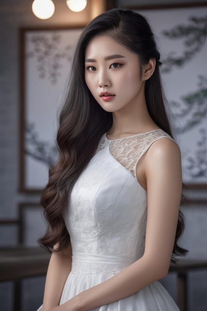 Молодая азиатская красавица с длинными волосами в белом платье с корейским макияжем