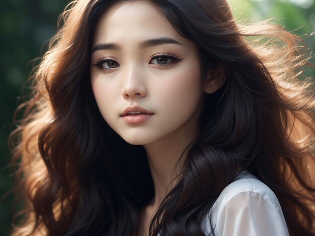 Young asian beauty woman long hair with korean makeup style on face and perfect skin using