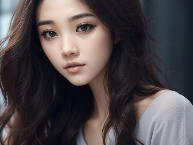 Young asian beauty woman long hair with korean makeup style on face and perfect skin using