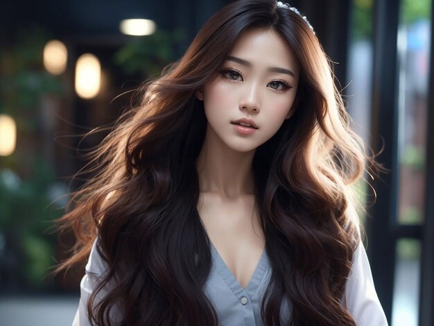 Photo young asian beauty woman long hair in with korean makeup style on face and