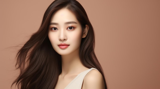 young asian beauty woman model long hair with korean makeup style face perfect skin background
