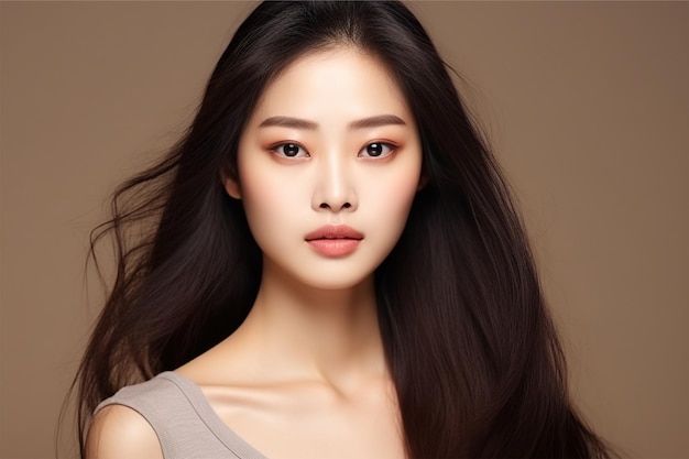 Young asian beauty woman model long hair with korean makeup style on face and perfect skin on isolat