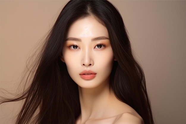 Young asian beauty woman model long hair with korean makeup style on face and perfect skin on isolat