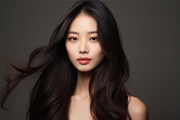 젊은 아시아 아름다움 여자 모델 얼굴에 한국 메이크업 스타일과 isola에 완벽한 피부와 긴 머리