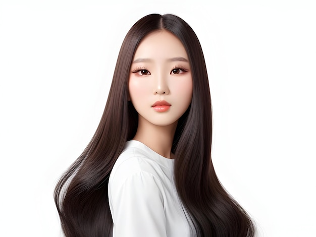 얼굴과 완벽한 피부에 한국 메이크업 스타일로 젊은 아시아 아름다움 여자 모델 긴 머리