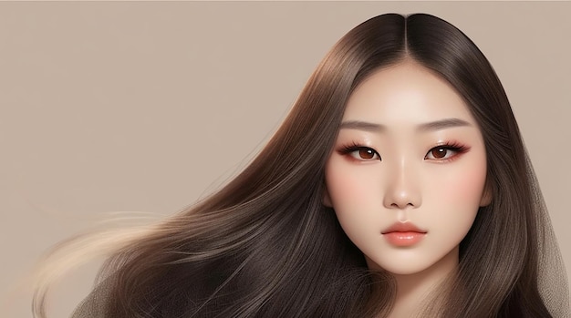 젊은 아시아 미녀 모델 긴 머리, 한국식 화장 스타일, 완벽한 피부