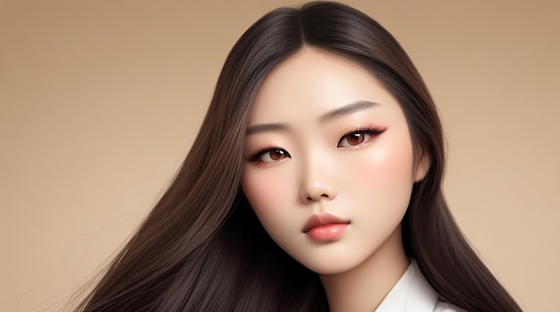 Молодая азиатская красавица моделирует длинные волосы с корейским макияжем на лице и идеальной кожей