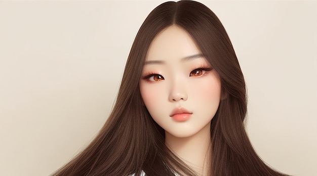 若いアジアの美しさの女性モデルの長い髪、顔と完璧な肌に韓国のメイク スタイル