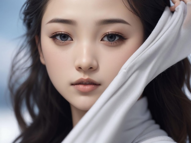 Photo young asian beauty woman pulled back hair with korean makeup style on face and perfect ski