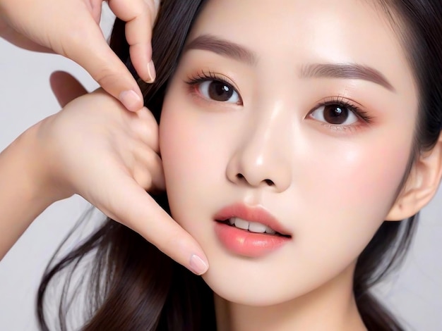Young Asian beauty woman pulls back hair with Korean makeup style on face AI_Generated