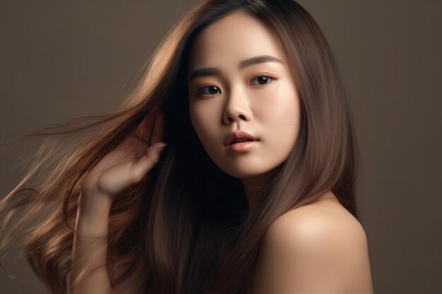젊은 아시아 미인 여성은 긴 머리를 곧게 펴고 한국 화장 스타일을 얼굴에 바르고 완벽하게 깨끗한 피부를 가지고 있습니다.